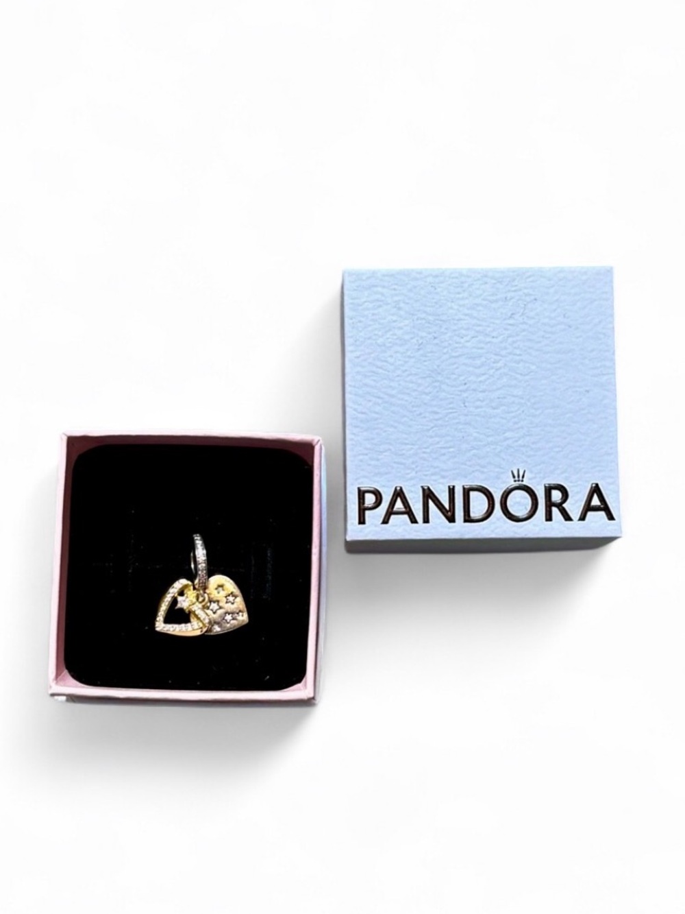 Pandora Shooting Star Hearts Double Dangle Charm Sterling Silver S925